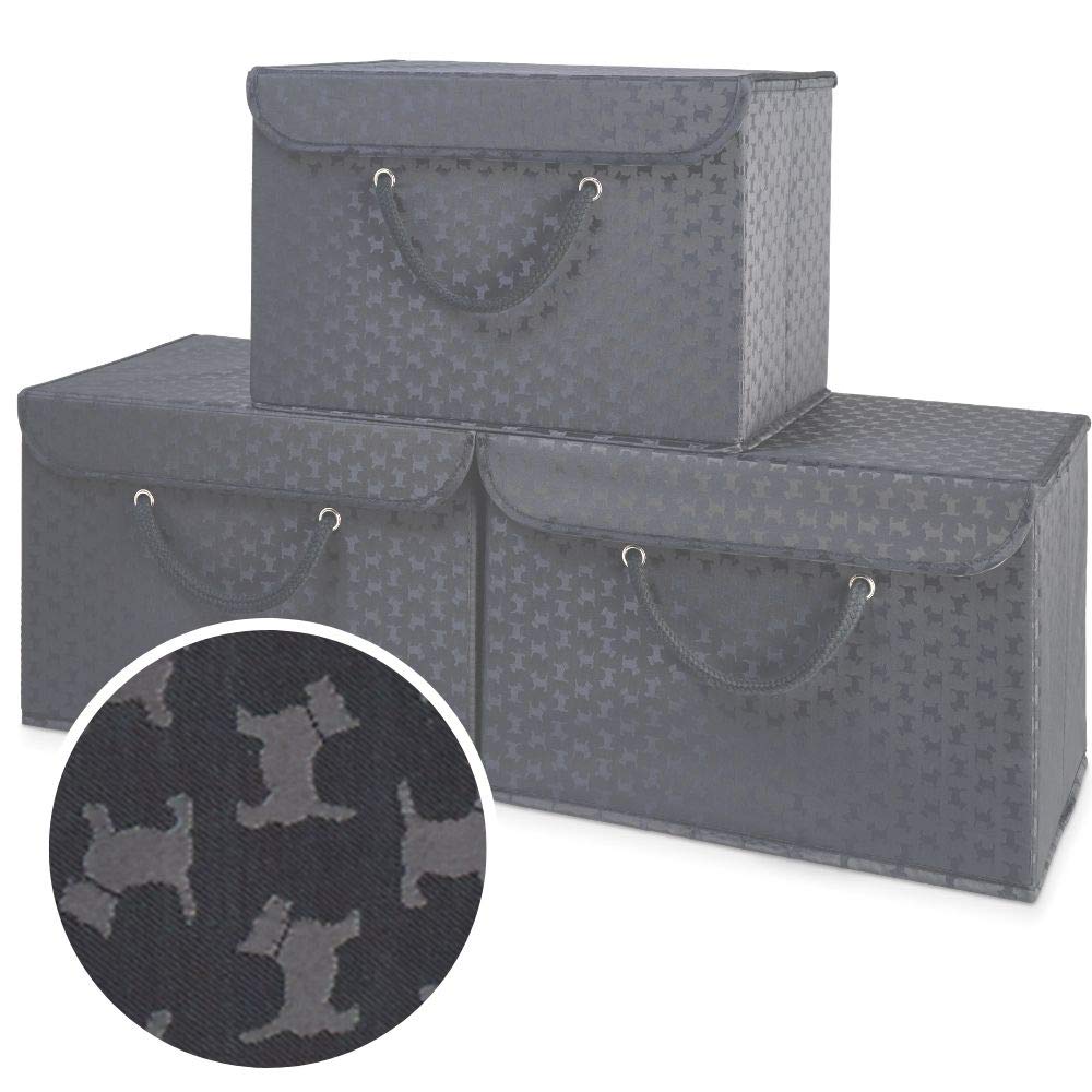 Black Fabric Storage Boxes with lids, Stackable and Foldable. For wardrobes, shelves, clothes, bedroom, office, cupboard, keepsake memory box, crafts, toys, shoes, socks. Rope Handle 3pk 37x25x25cm