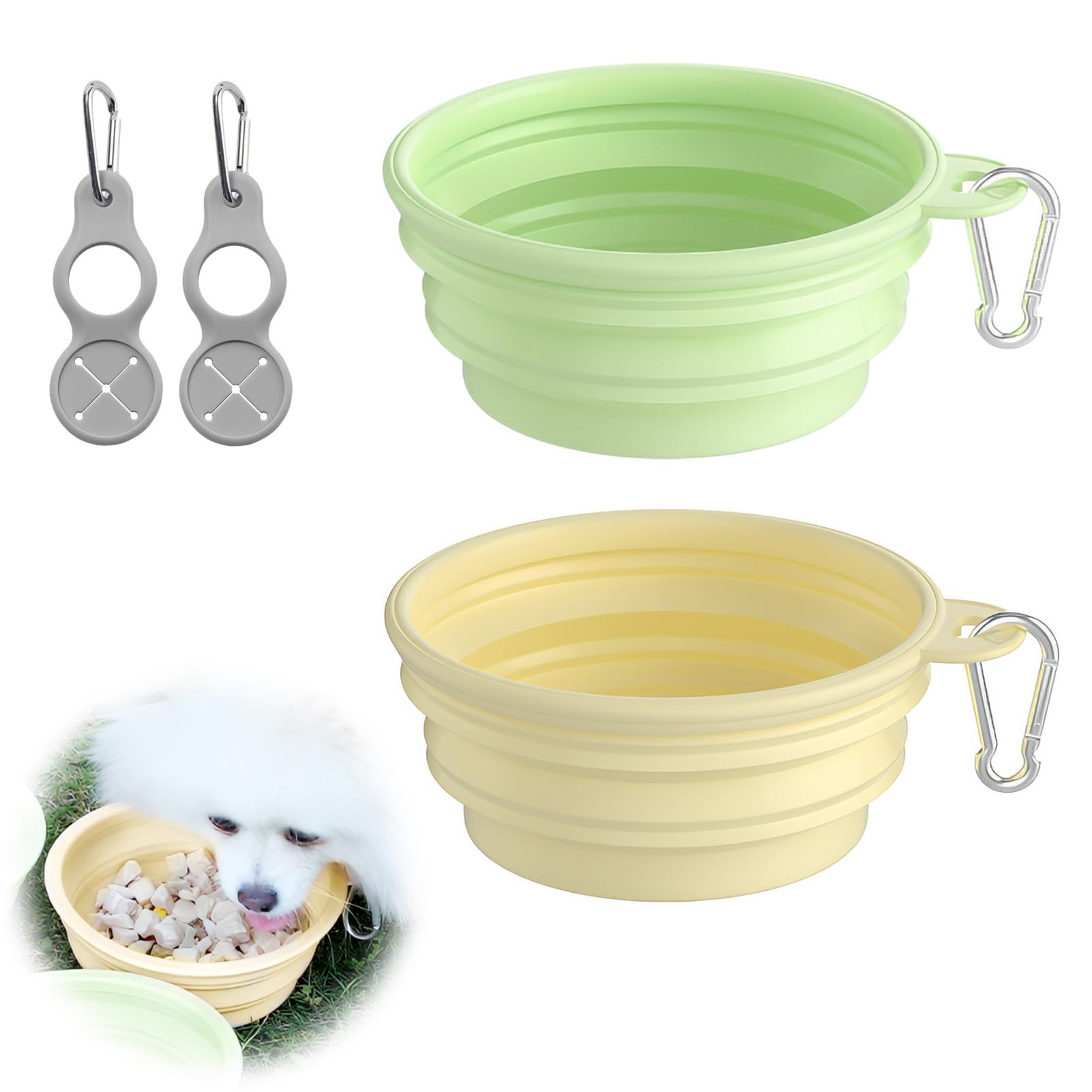 Bebedero Perro Plegable, 2 Pieces Bebedero Perro Portatil 350 ml de Silicona para Mosquetón Dog Bowl Plegable para Gatos Perros Viajes Cámping y Paseos (Amarillo + Verde)