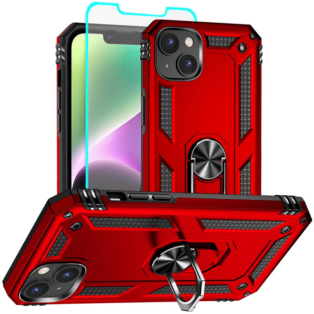Aozuoton iPhone 14 Case - Metal Ring Stand Bumper with Screen Protector, Hybrid Case Cover for iPhone 14, Red