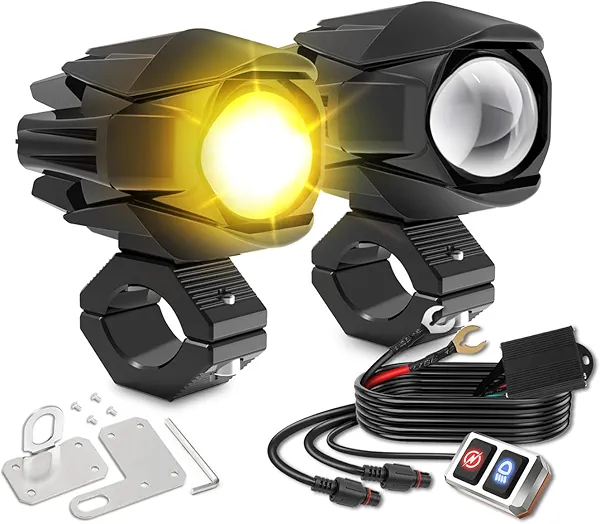 CO LIGHT LED Motorcycle Fog Lights 60W 18000LM Driving Auxiliary Lights 7 Modes Amber White Light Combo with Waterproof Wire Harness Kit, Universal Fit for Motorcycle SUV ATV UTV, 2PCS