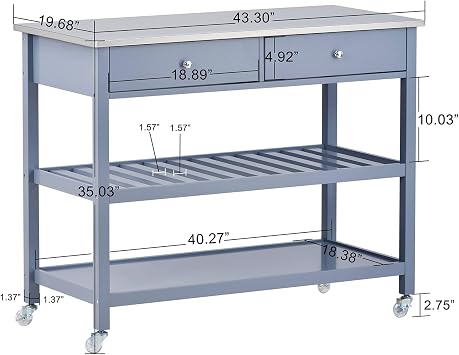 Kitchen Island with Storage & Carts On Wheels W/Stainless Steel Top,Lockable Wheels,43 W 3-Tier Utility Kitchen Cart Bamboo Wood Frame (Blue)