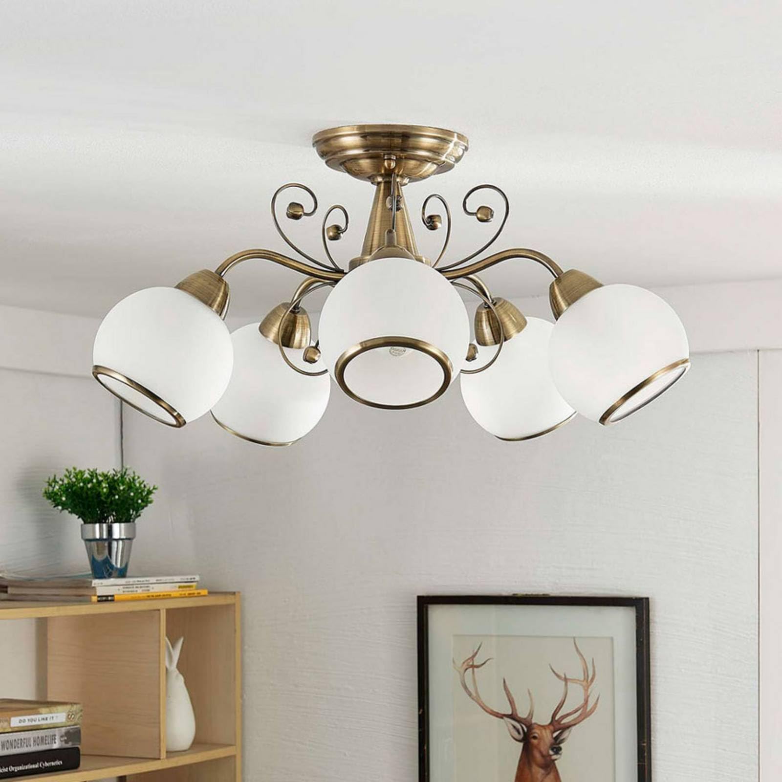 Lindby Plafoniera 5 Luci Sfere in Vetro Ø 59 cm, Lampadario Soggiorno Ottone Anticato 5x E14 Lampada da Soffitto Camera Letto Sospensione Vintage per Classico Sala Pranzo