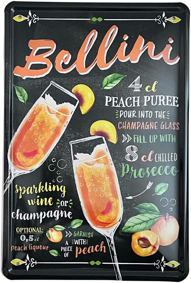 Metal Tin Sign - Bellini Cocktail Recipe - Wall Plaque Retro Vintage 30X20 Cm Decorative For Bar Pub Dining Room Kitchen Bedroom Office Garage Funny Stylish Gift