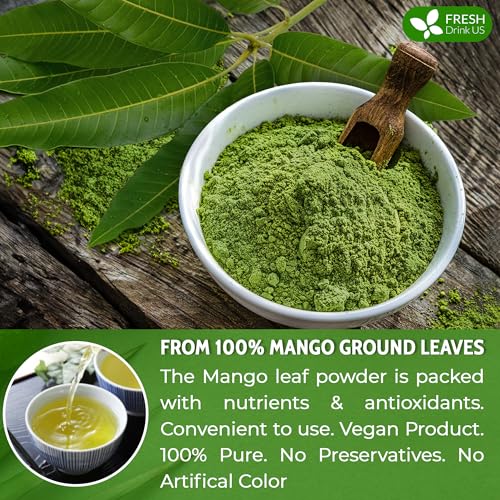 Image of FreshDrinkUS, Premium 1.3oz Mango Leaf Powder, 100% Natural and Pure Mango Leaves. Loose Leaf Mango Herbal Tea. Mango Leaf Tea. No Sugar, No Caffeine, No Gluten, Vegan.