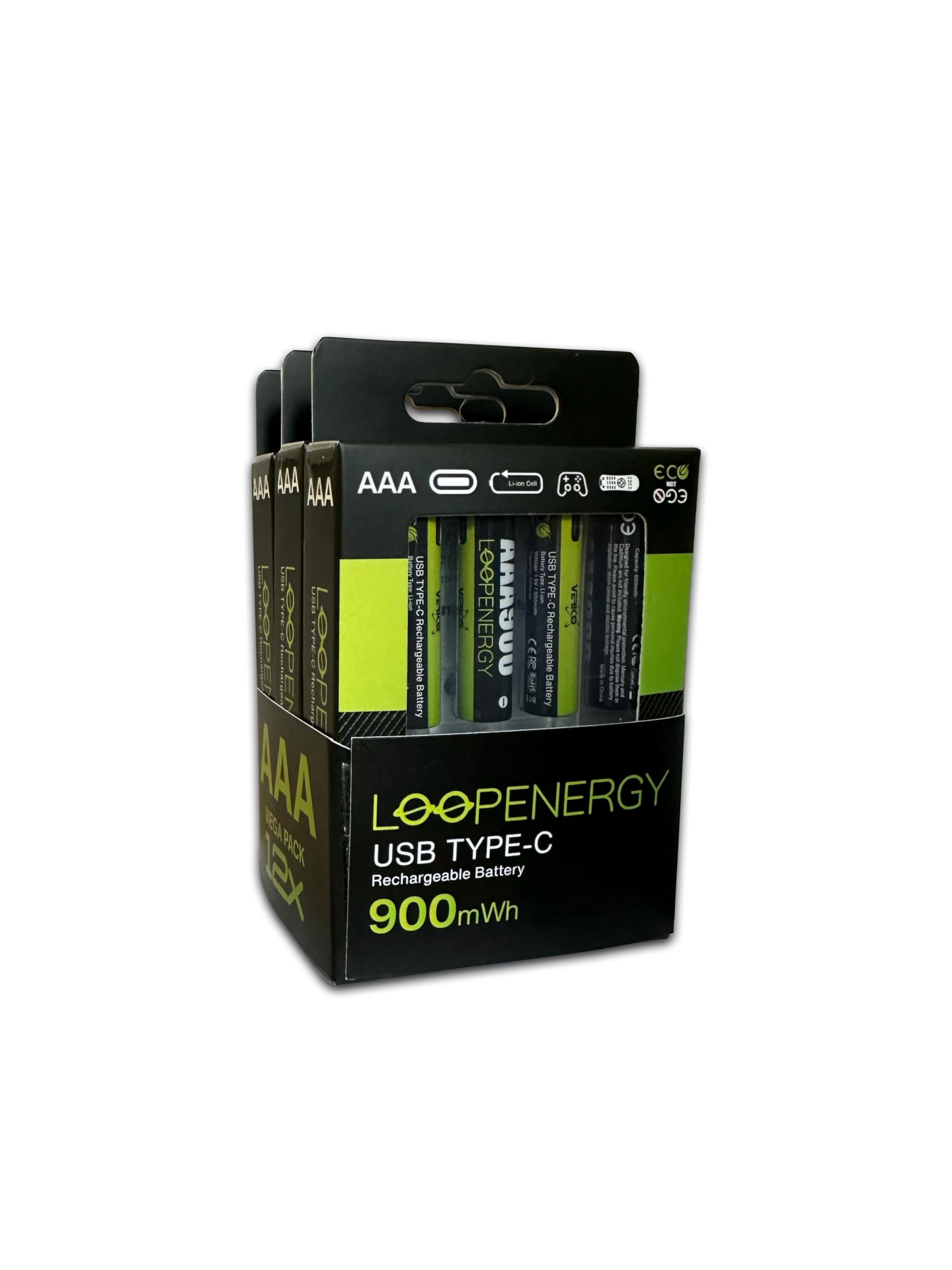 VERICO LoopEnergy AAA 900 - Batteria ricaricabile USB-C AAA 1,5 V, 900 mWh (600 mAh), ricarica rapida tramite connettore USB-C in circa 2 ore, confezione da 12 AAA, 3 cavi da USB-A a 4 USB-C