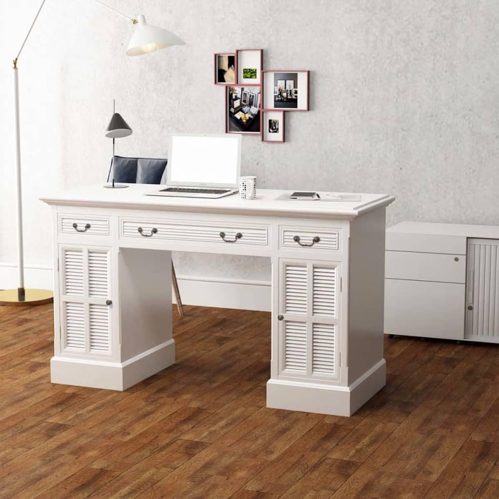 Biurko sekretarzyk biały z płyty MDF i drewna sosnowego, 140 x 48 x 80 cm, z 3 szufladami i 2 półkami, zajmuje mało miejsca, do biura, gabinetu, ergonomicznego i wszechstronnego