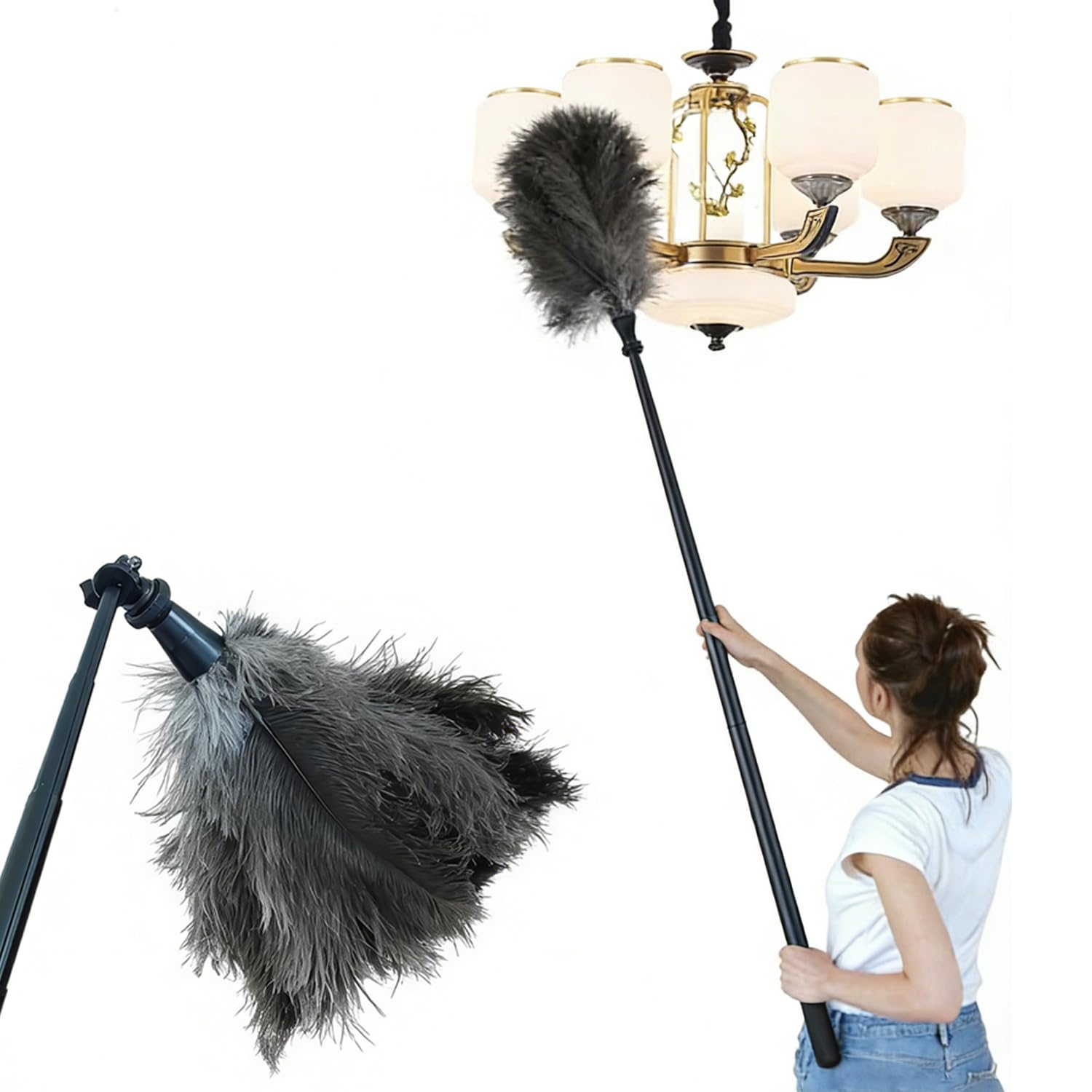 Autoshield Grey Extendable Ostrich Feather Duster With 50–115Cm Adjustable Wand, Anti‑Static Telescopic Duster For High Ceilings, Door Frames, Light Fittings, Cupboards, Home, Office & Car Cleaning