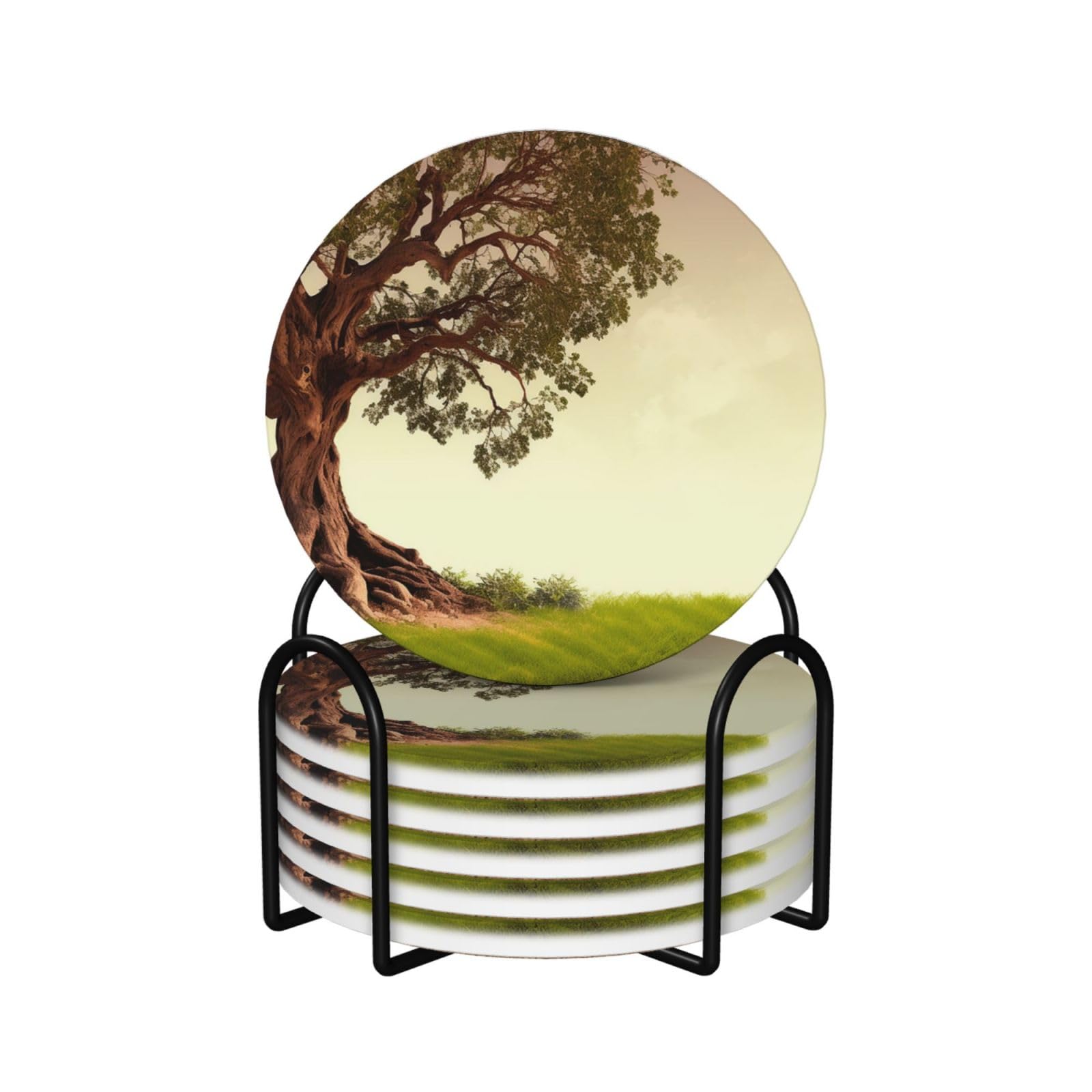Dessous de verre en céramique lot de 6 absorbants avec support et liège motif arbre