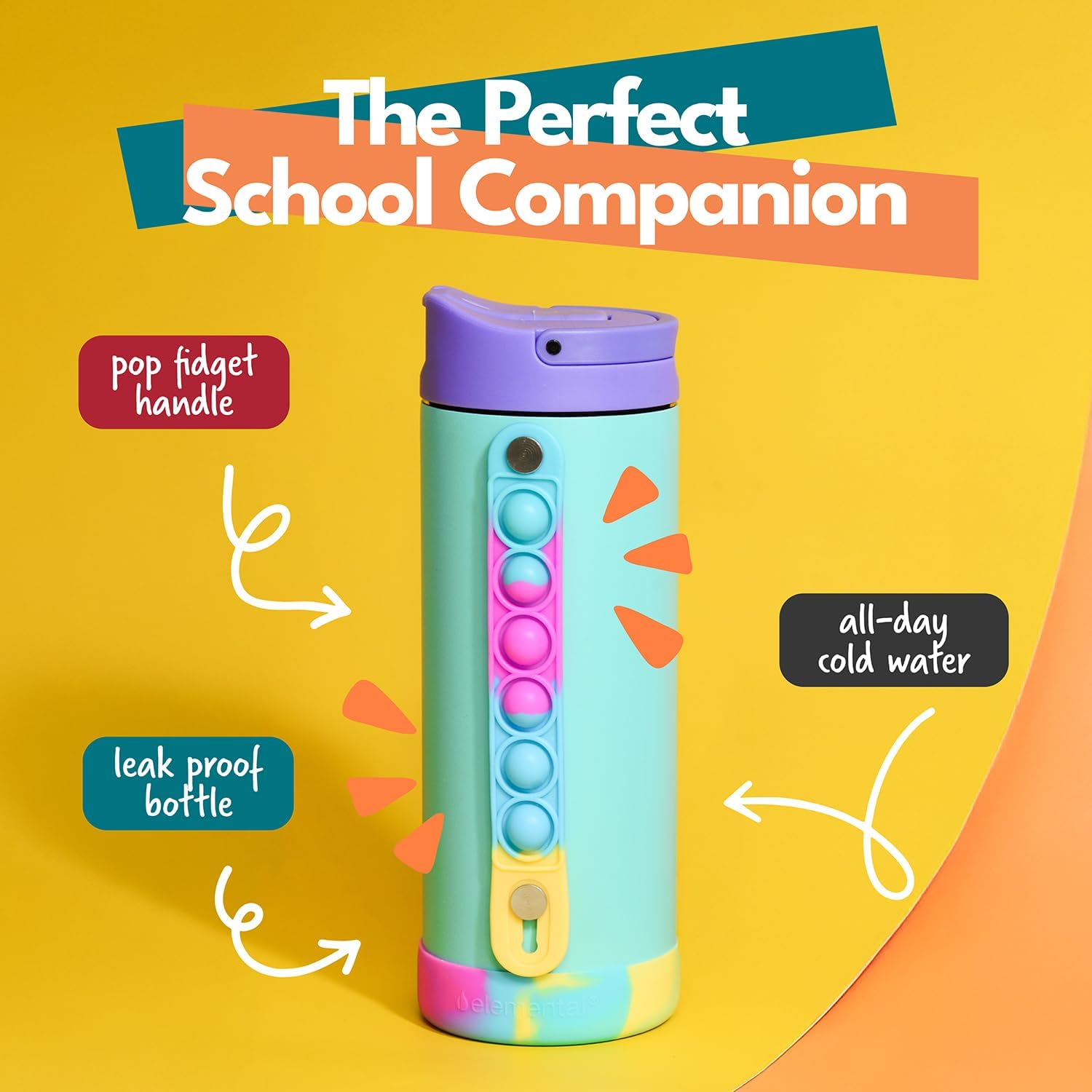 Elemental Iconic Kids Water Bottle with Straw Lid & Stress Relief Pop It Handle, Leak-Proof When Closed, Triple Insulated Kids Stainless Steel Water Bottle For Girls and Boys, 14oz - Blue Tie Dye - Image 2