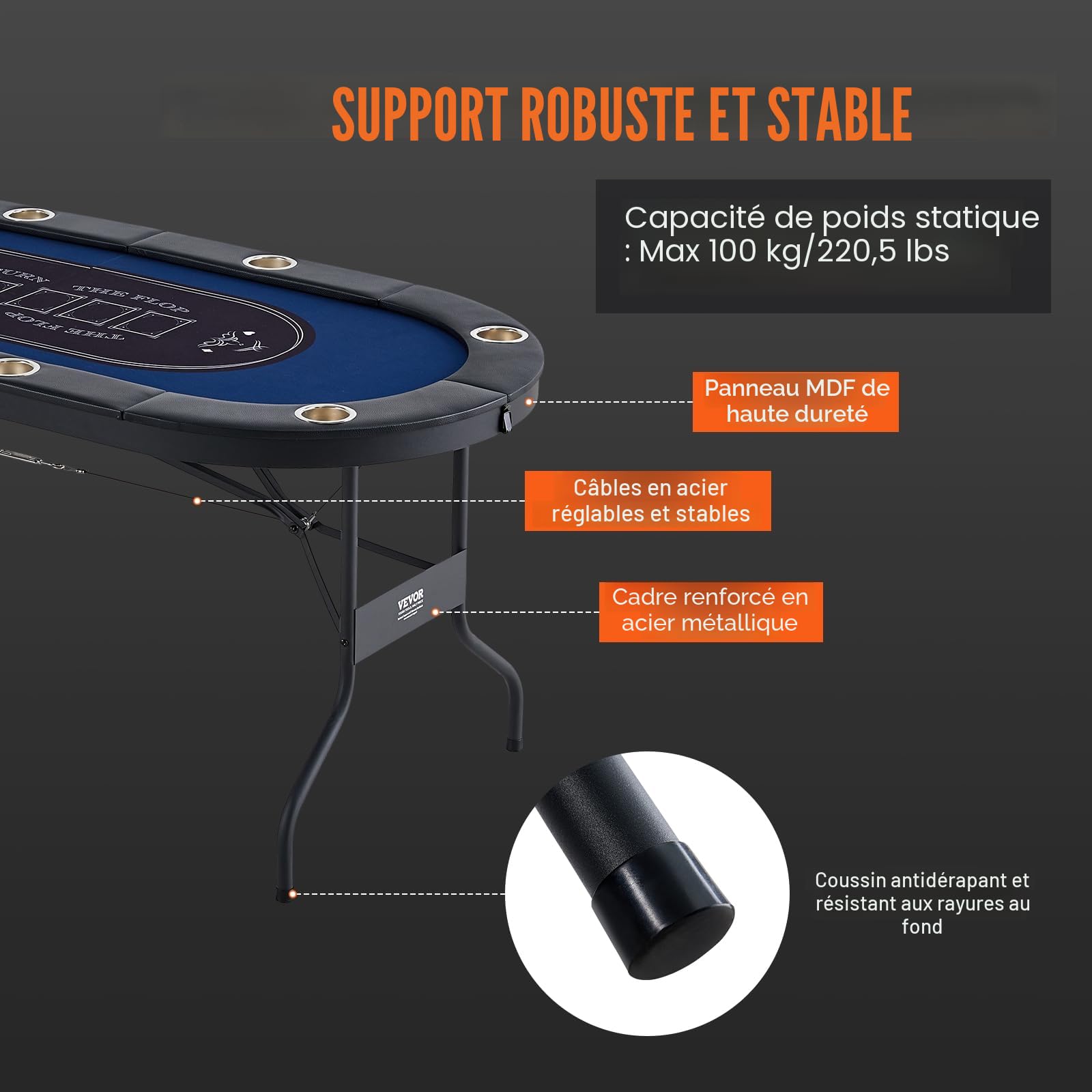 VEVOR Blackjack Texas Holdem Poker Pliable pour 8 Joueurs avec Rails rembourrés et Porte-gobelets en Acier Inoxydable, Jeu de Cartes Pliable Portable, Table de Casino Ovale de 183 cm, Bleu