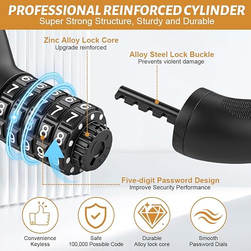 Miniatura 3 de Ainiv Candado para bicicleta, 2.623.284 pies de largo, resistente, antirrobo, combinación de 5 dígitos, cerraduras de bicicleta sin llave