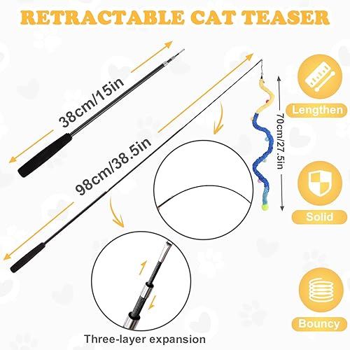 Miniatura 2 de Juguete de varita para gatos, 9 piezas retráctiles de felpa Srtip para gatos, juguetes con campana y cuerda, juguetes interactivos largos para