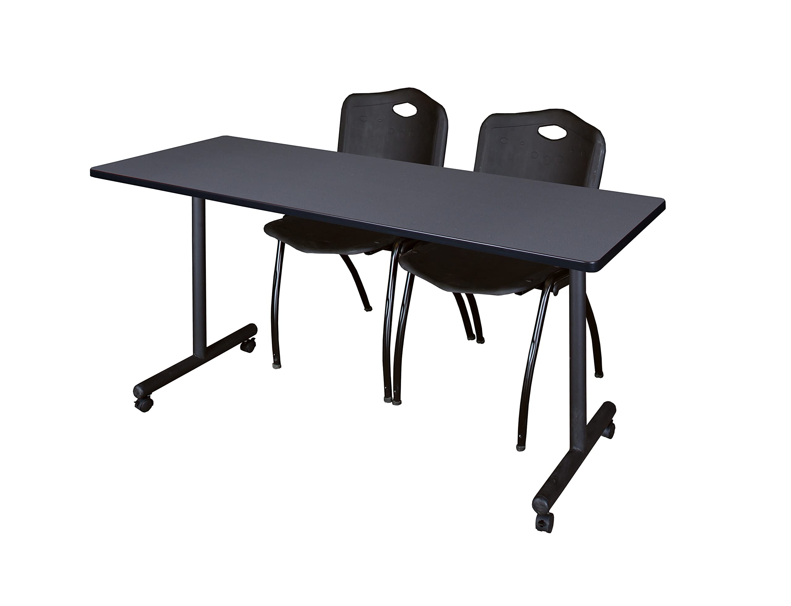 Romig Axis-Pro 66 x 24 in. Mobile T-Base Training Table- Grey, 2 M Stack Chairs- Black