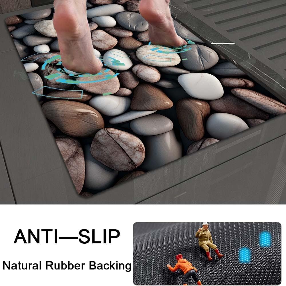 Bath Mat Rug,Rounded River Stones Non Slip Quick Dry Super Absorbent Thin Bathroom Rugs Fit Under Door-Easy to Clean Bathroom Floor Mats-Shower Rug for Shower Sink Bathtub(16" x 24"in)