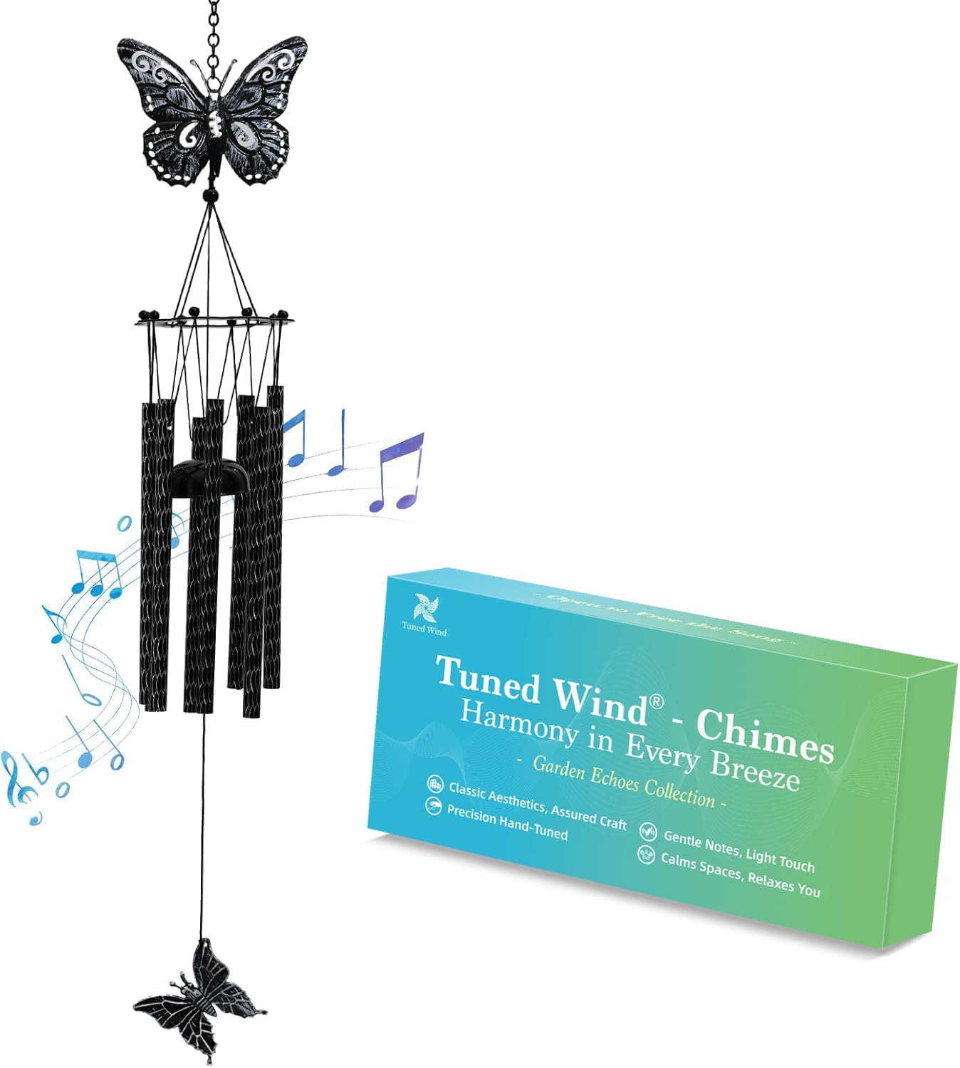 32'' Unique Butterfly Wind Chime for Outside Clearance, Garden Metal Windchimes for Outdoors Patio Decor(Black White)