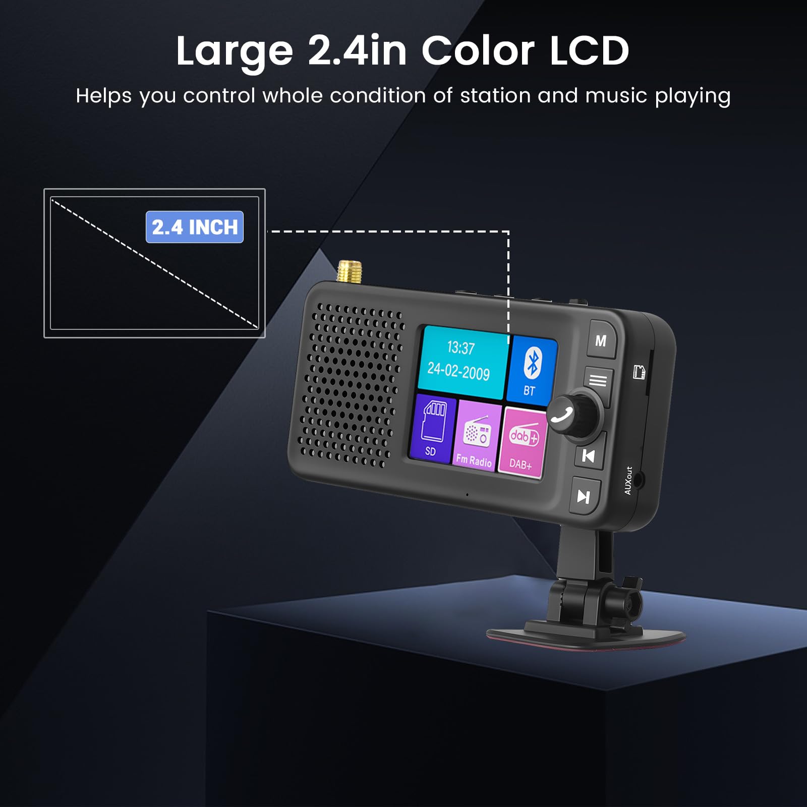 Hikity Radio samochodowe DAB/DAB+ adapter, kolorowy wyświetlacz LCD 2,4 cala + nadajnik DAB/FM + Bluetooth do odtwarzania muzyki + wejście pomocnicze / wyjście + ładowarka samochodowa