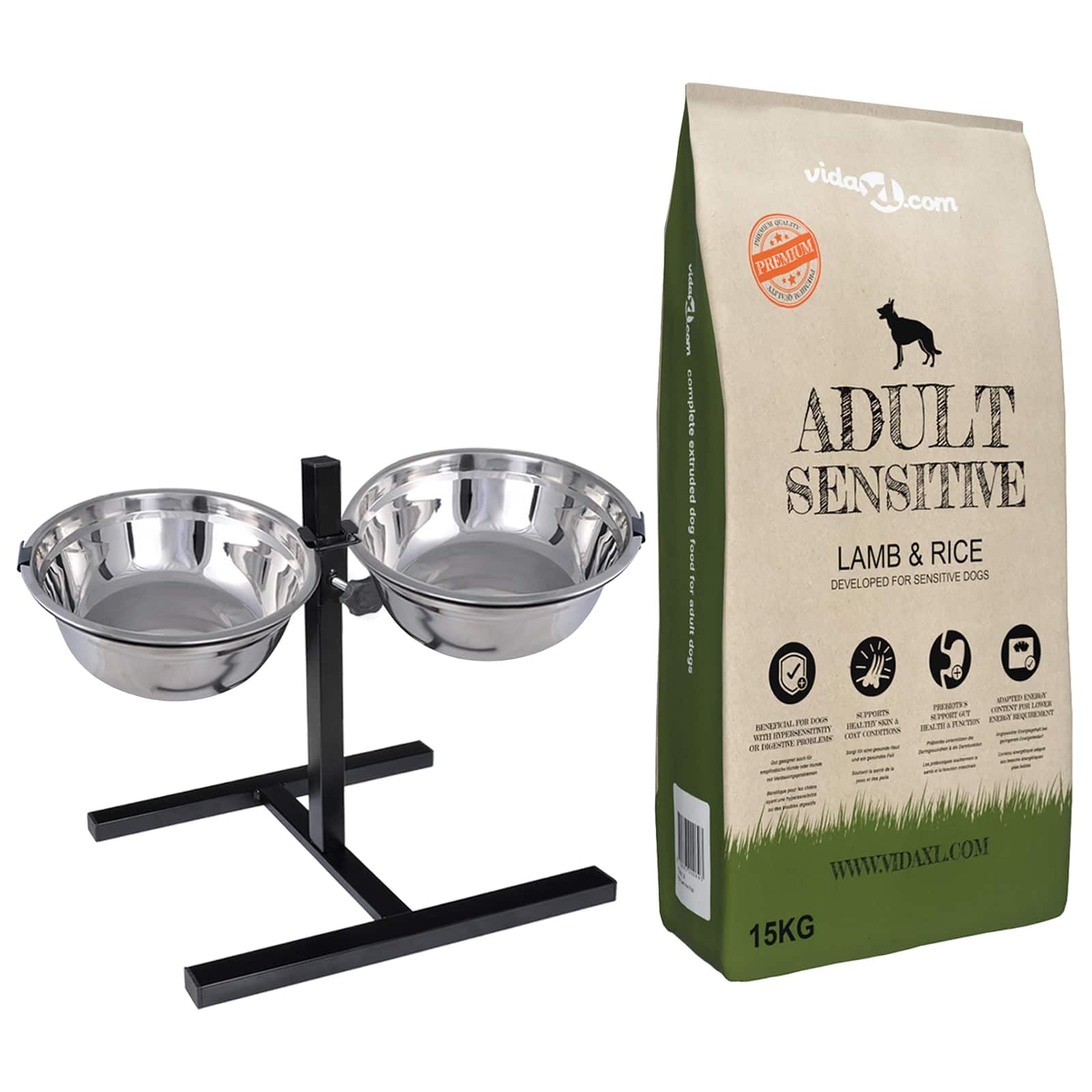 Comedero para perros de altura ajustable con 2 cuencos de acero inoxidable, 4,1 L por cuenco, antideslizante y resistente a los arañazos, para interior y exterior, color plateado y negro