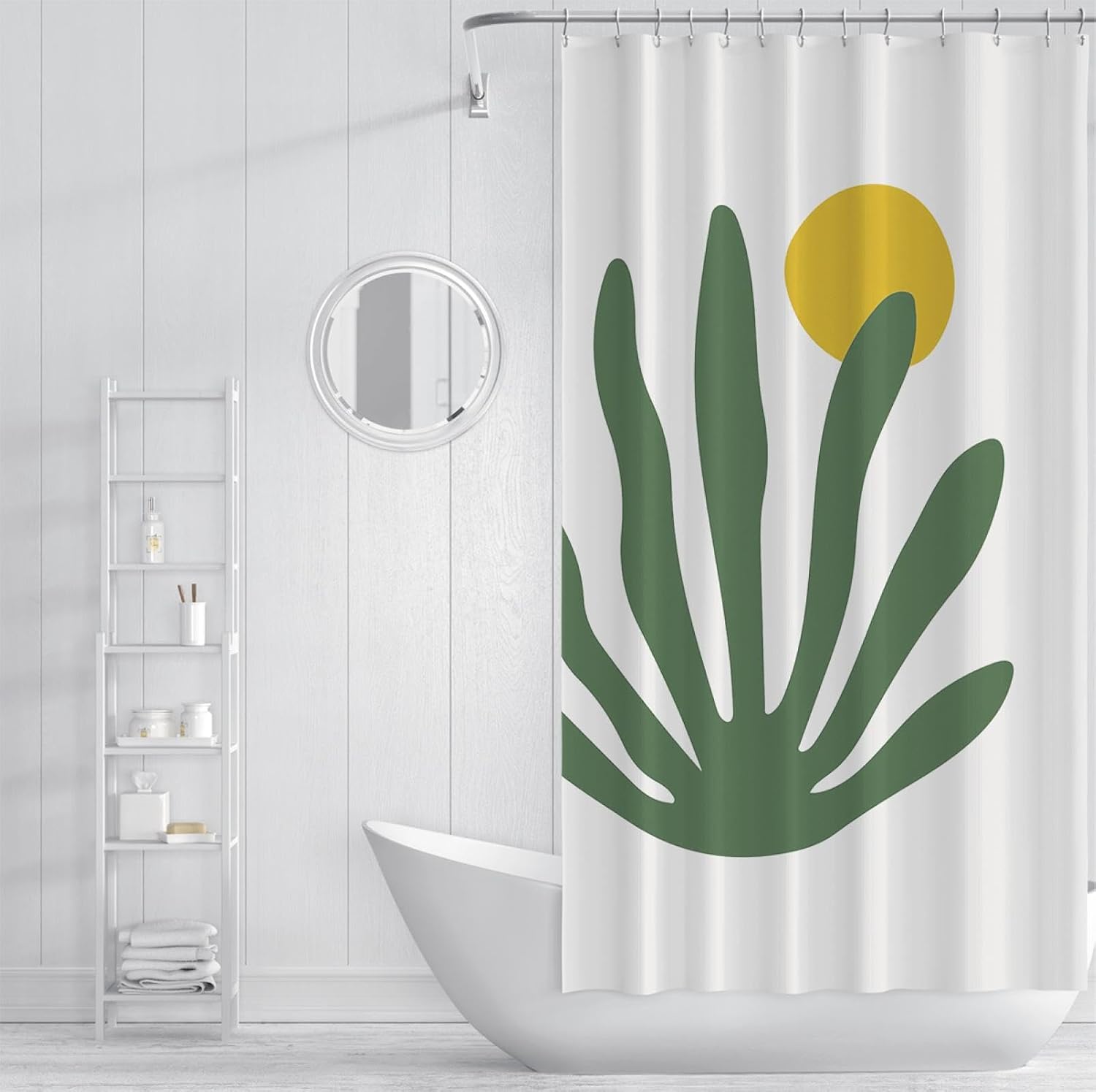 Green Cactus Fabric Shower Curtain Liner Washable Henri Matisse Yellow Circle Modern Minimalism Printed Summer Shower Curtain with Hooks 72Wx78L