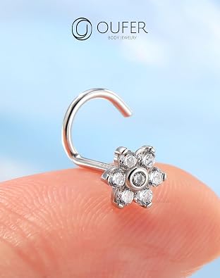 OUFER 925 Sterling Silver Nose Rings, Flower Nose Studs, Cute Nose Nostril Piercing Jewelry, Screw Shaped 20G Silver Nose Rings Studs for Women Men