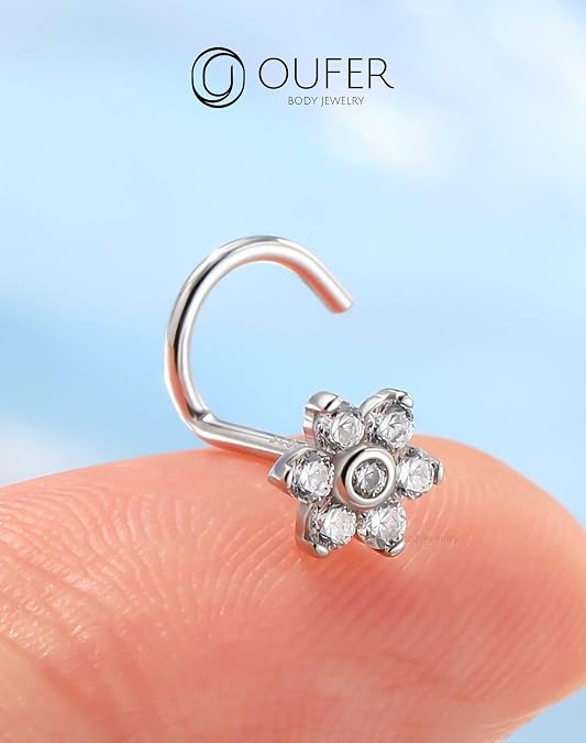 OUFER 925 Sterling Silver Nose Rings, Flower Nose Studs, Cute Nose Nostril Piercing Jewelry, Screw Shaped 20G Silver Nose Rings Studs for Women Men