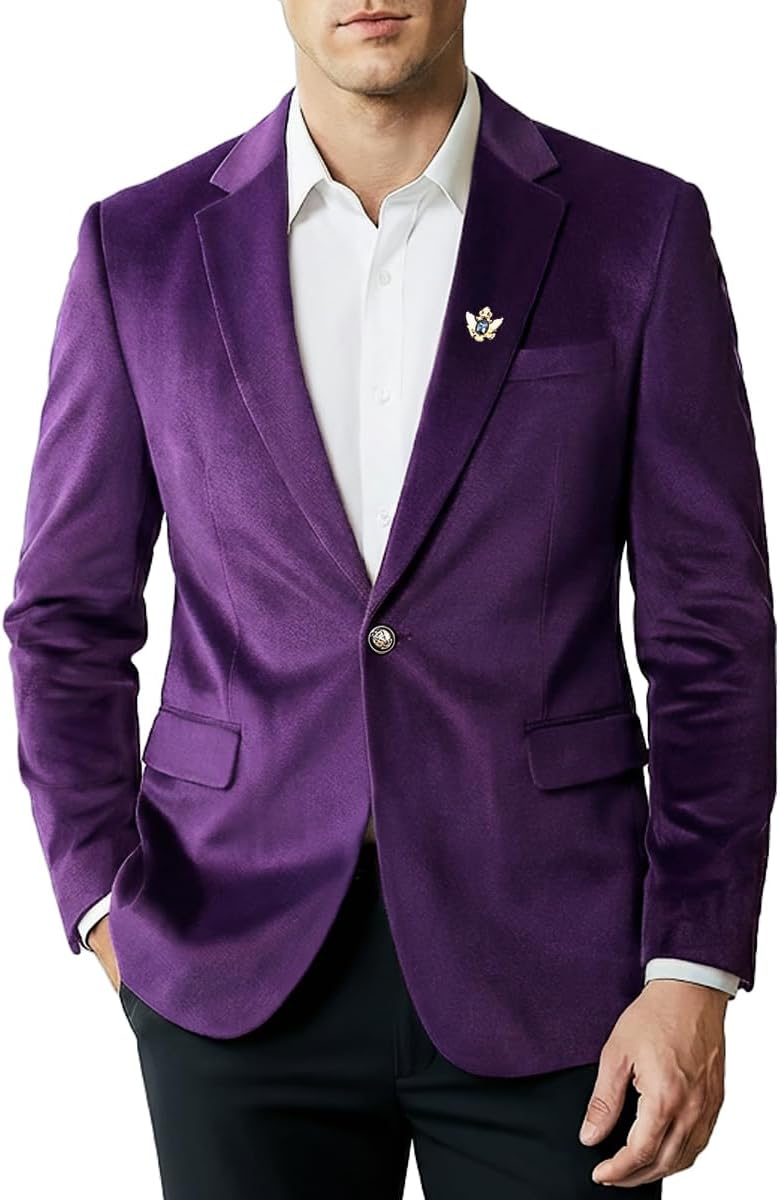Men's Casual Velvet Blazer for Men one-Button Lapel Tuxedo Jacket with Brooch Dinner Party Wedding Prom