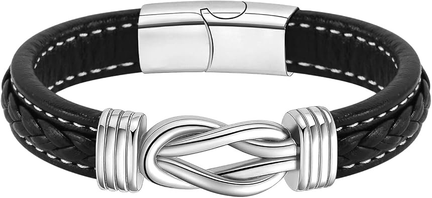 Bracelet for Men Braided Leather Stainless Steel Bracelets Gift for Him Dad Husband Brother Son Grandson