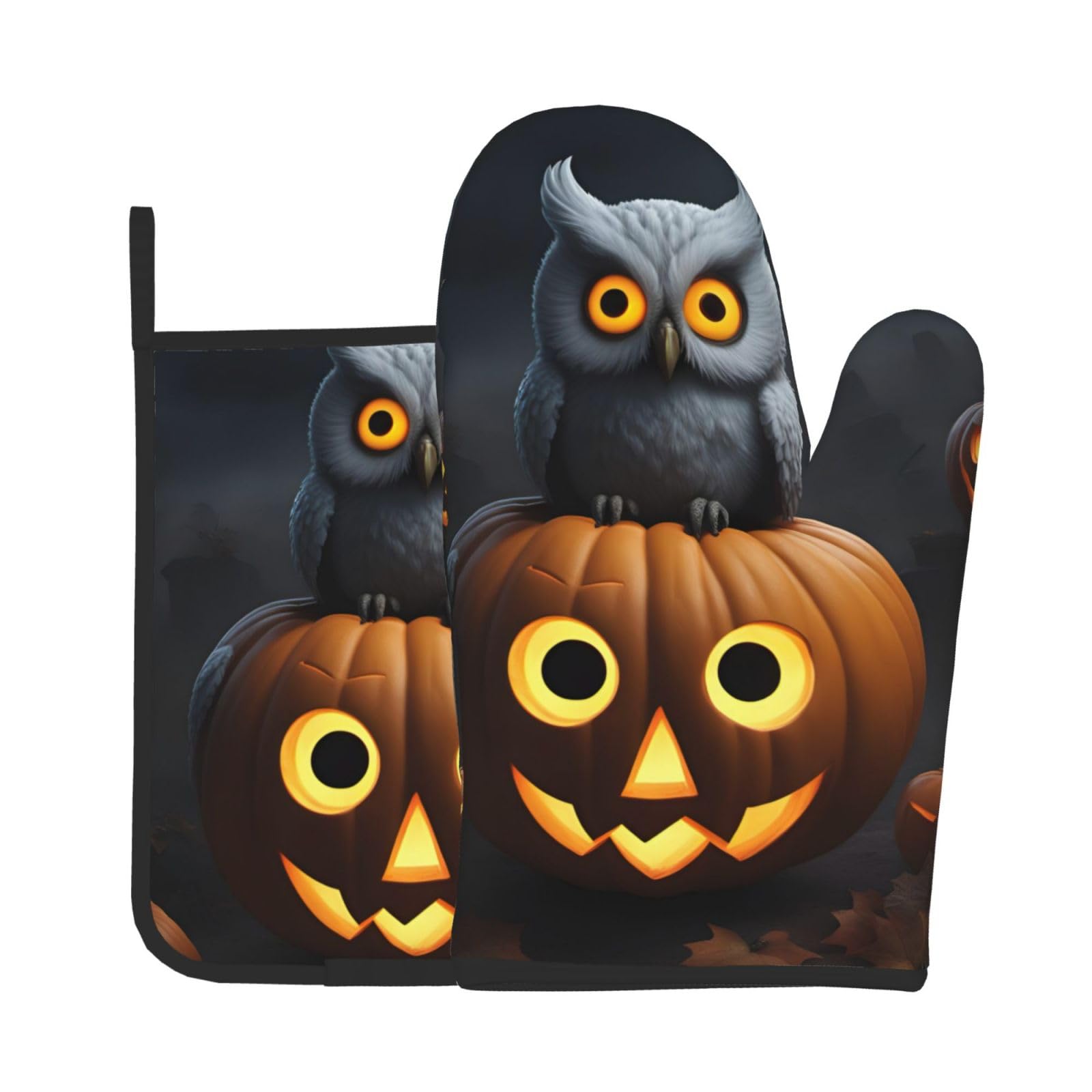 Halloween Owl Ghost Pumpkin 1 Kitchen Baking Two-Piece Set,Multipurpose Oven Gloves,Used for Barbecue Kitchen Baking