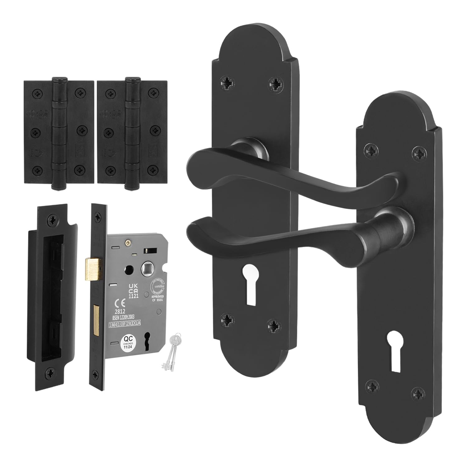 EAI Black Door Handles Lock Set, 1 Pair Internal Matt Black Victorian Scroll Shaped Backplate Handles, Hinges and Lock 64mm — image 1