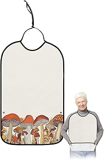 Kewadony Adult Bibs for Elderly Women - Thanksgiving Waterproof Dining Clothing Protectors with Crumb Catcher for Eating/Feeding, Orange Brown Mushroom Fall Leaves Plant Terry Cloth Bib Washable