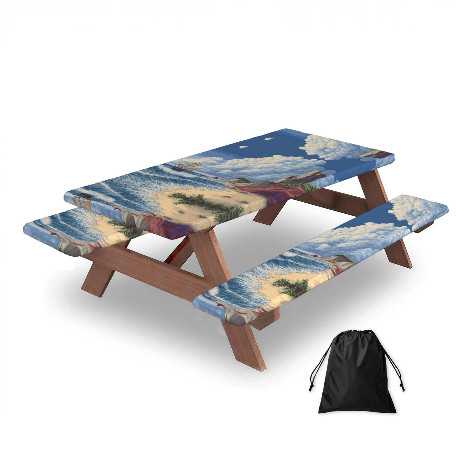 ESNAIUVCD Seaside Scenery Print Picnic Table Cover With Bench Covers,Camping Essentials,Fitted Tablecloth Cover With Elastic Edge, For Indoor & Outdoor 3 Pcs