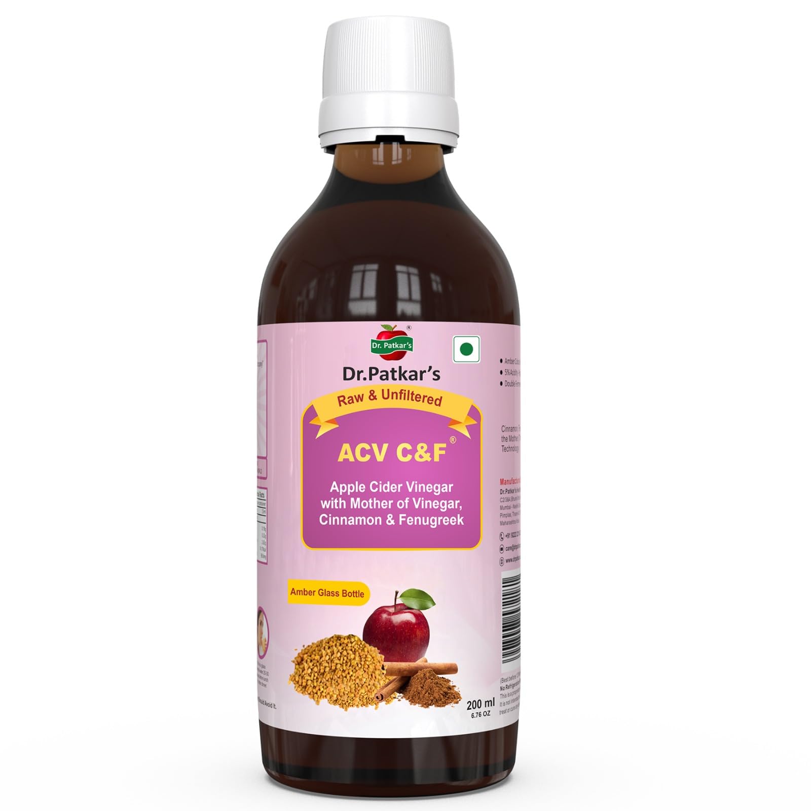 Dr. Patkars Apple Cider Vinegar with Cinnamon & Fenugreek | Unfiltered & Undiluted | Suitable for Sugar Control with Improved Immunity & Lowers Bad Cholesterol (With Mother) 200ml (B07FRJWDHR) Amazon Price History, Amazon Price Tracker