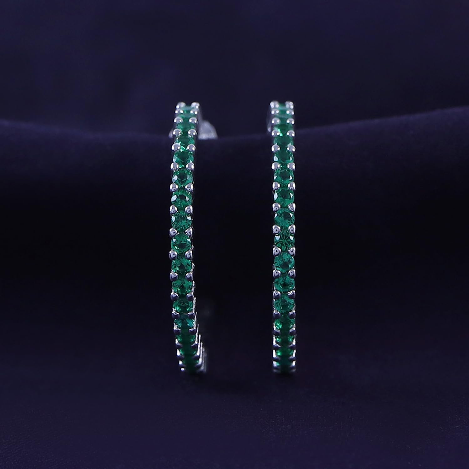 AFFY Round Simulated Green Emerald Single Row Hoop Earrings For Women In 14K Gold Over Sterling Silver With Push Back Jewelry For Women