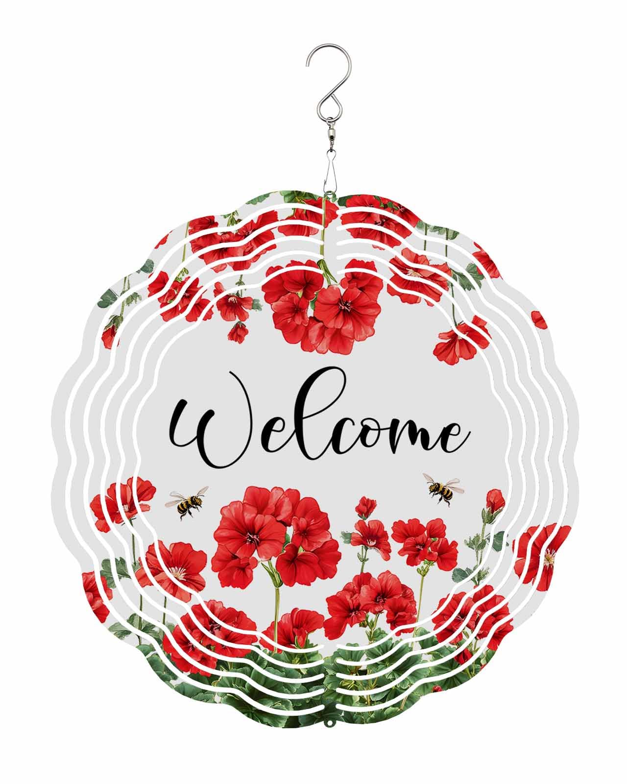 Idyllic Wind Spinners, Red Flowers Green Leaves Hanging Wind Spinners for Yard and Garden 3D Stainless Steel Metal Sculptures Crafts Ornaments 10 Inch