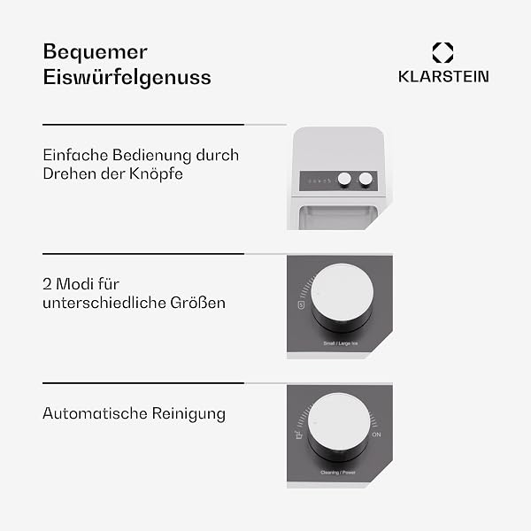 Klarstein IceCraft Eiswürfelmaschine – 12 kg/24 h, Eiswürfel in 6 Minuten, 2 Größen, Automatische Reinigung, Eiswürfelbereiter für Küche & Bar, 150 W, Eiswürfelspender, Weiß - 4