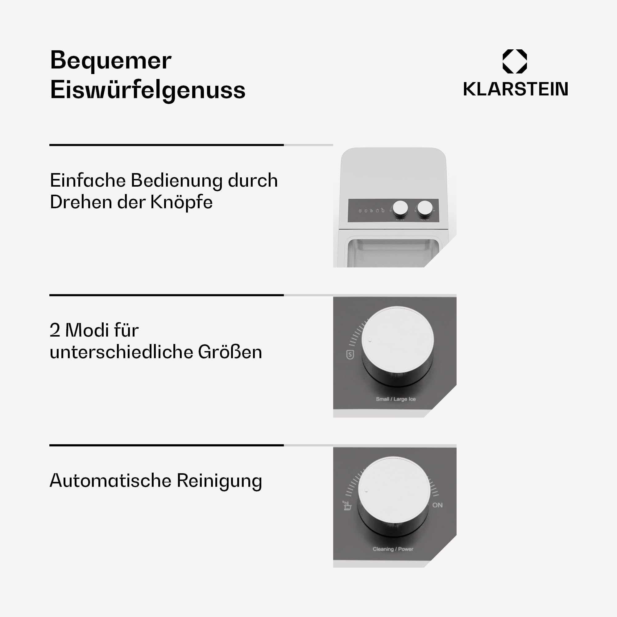Klarstein IceCraft Eiswürfelmaschine – 12 kg/24 h, Eiswürfel in 6 Minuten, 2 Größen, Automatische Reinigung, Eiswürfelbereiter für Küche & Bar, 150 W, Eiswürfelspender, Weiß - 4