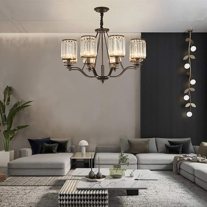 NZDY Kroonluchter van kristal, vintage, eenvoudige hanger, hanglamp, verstelbaar, voor keuken, eiland, slaapkamer, hal, bar, woonkamer, zwart, 8 lampen photo 2