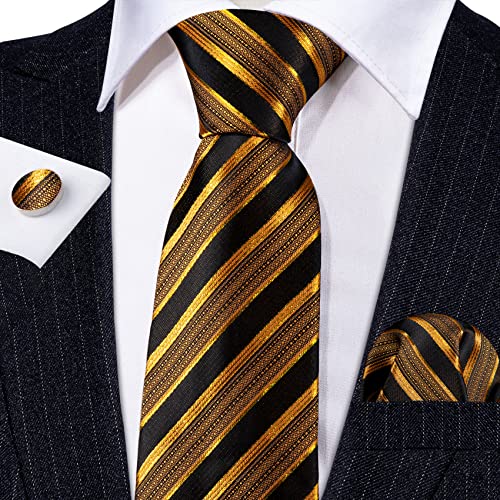 Image of Barry.Wang Tie Sets for Men Silk Stripe Necktie Woven Checkered Handkerchief Cufflinks Formal Business Wedding