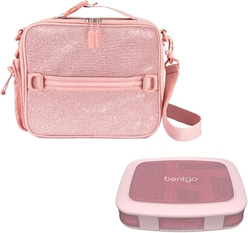 Bentgo® Fiambrera para niños con 5 compartimentos con bolsa de almuerzo aislada (edición con purpurina, color rosa pétalo)