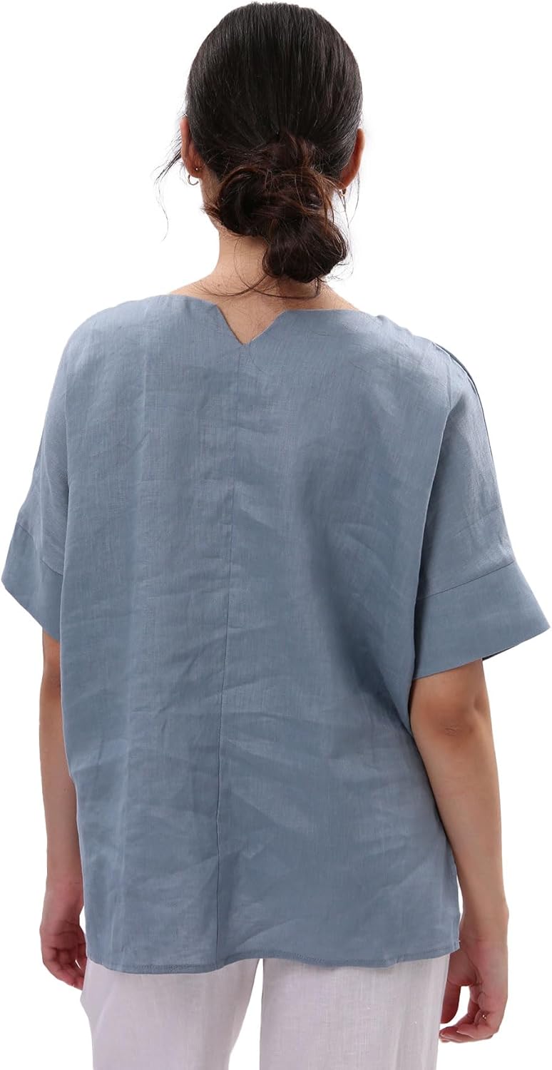 Amazhiyu Womens 100% Linen Tops Crewneck Short Sleeve Blouses Casual Summer - Image 2