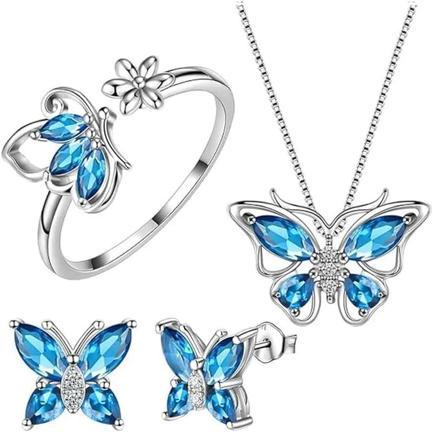 MISS RIGHT Set Di Gioielli Farfalla Cristallo: Collana, Orecchini, Bracciale E Anello – Regalo Elegante E Significativo - 4