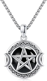 Triple Moon Goddess Onyx Necklace 925 Sterling Silver Celtic Knot Pentagram Pentacle Pendant Necklace Pagan Wiccan Magic Amulet Protection Jewelry Gifts for Women Men Girls Mother Sister Friends, Sterling Silver, Onyx
