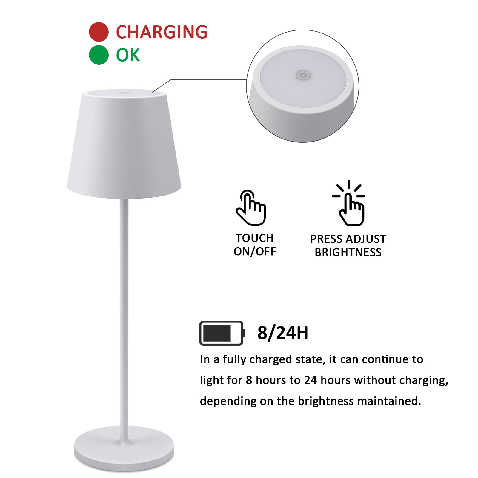 K-Bright 2 pezzi Lampada LED Dimmerabile da tavolo in alluminio, H38cm，Ricaricabile Colore luce calda Per interni/esterni Lampada da tavolo con base di ricarica a contatto (bianco)