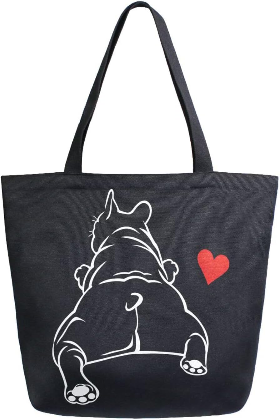 ALAZA Funny Bulldog Puppy Dog French Large Canvas Tote Bag Reusable Grocery Shopping Bag with Handles, Heavy Duty, Washable - Image 3