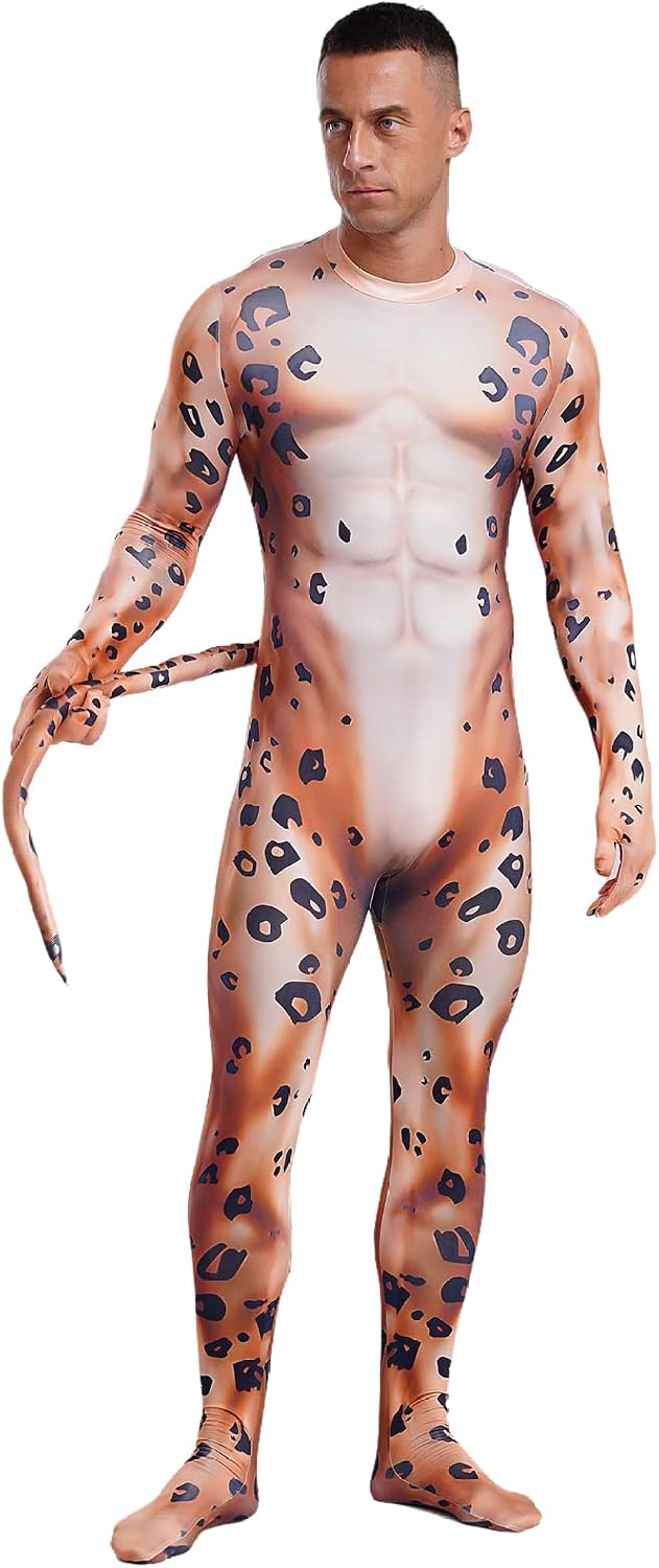 Animal Bodysuit for Men Zentai Spandex Body Suit with Big Padded Tail Halloween Costumes