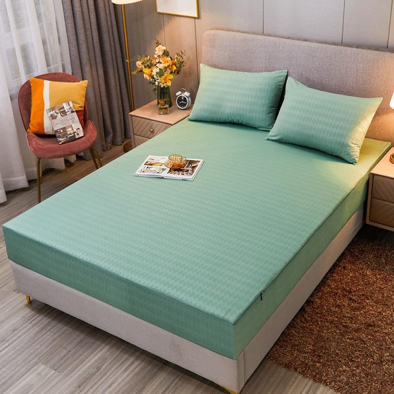 HKUCO Solid Color six-Sided All-Inclusive Fitted Sheet Mattress Protector Zippered dust-Proof and Dirt-Proof Bedspread Bed Cover(150x200x15 cm,Matcha Green)