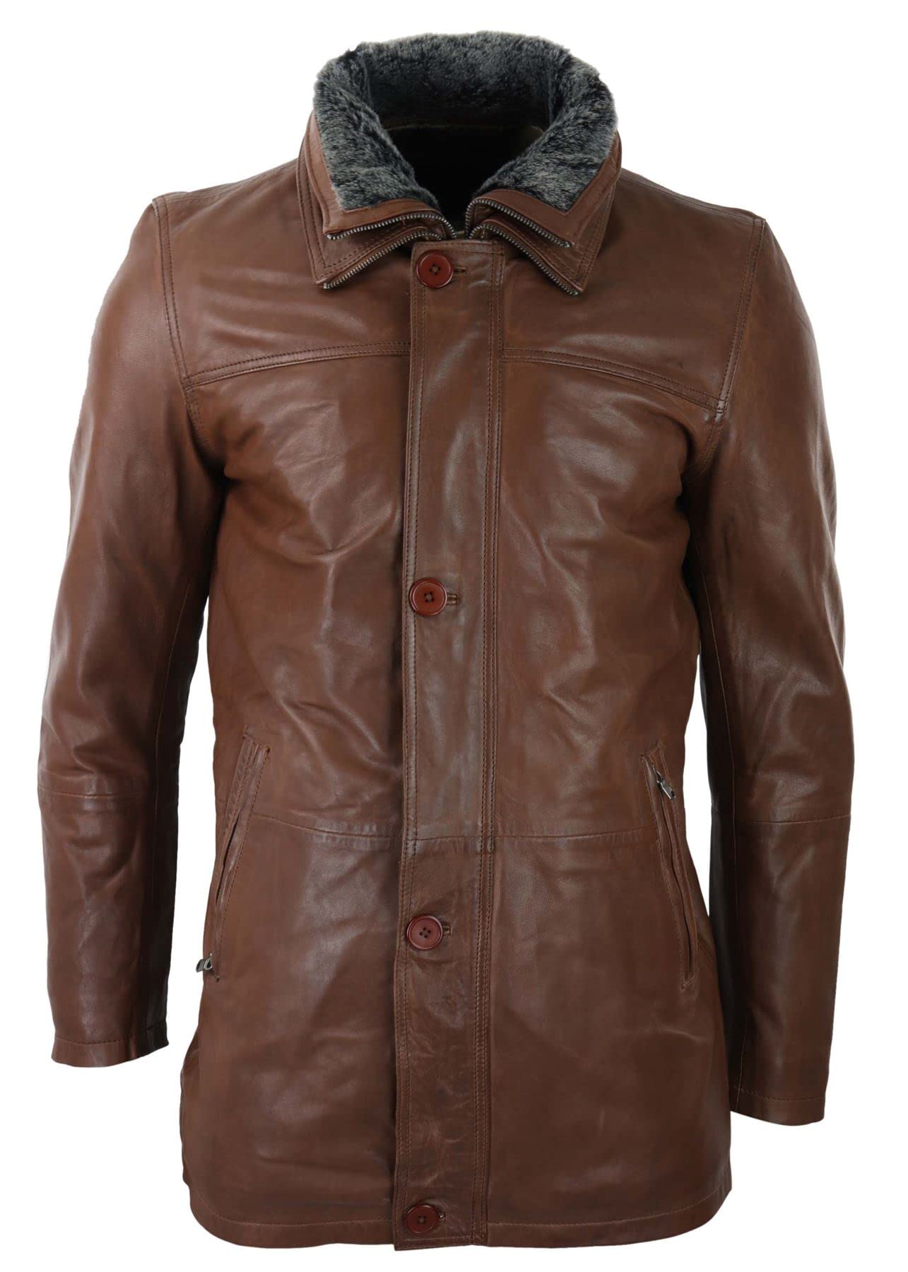 Infinity Leather Men's Tan 3/4 Long Real Leather Safari Jacket Classic Car Coat Zip Button Cover - 5XL