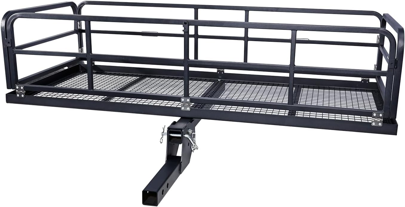 PeakPursuit 750 Lbs Folding Hitch Mount Cargo Carrier Rack, 60"X26"X13.8" Folding Rear Luggage Rack Basket, Fits 2" Receiver - Tow Hitch Cargo Rack for Camping Travel, Black