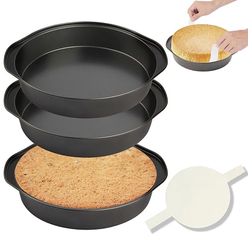 8' Round Cake Pan, 3PCS Nonstick Cake Pans with 100 PCS Parchment Paper, Carbon Steel Cake Baking Pans with Handle, Dish