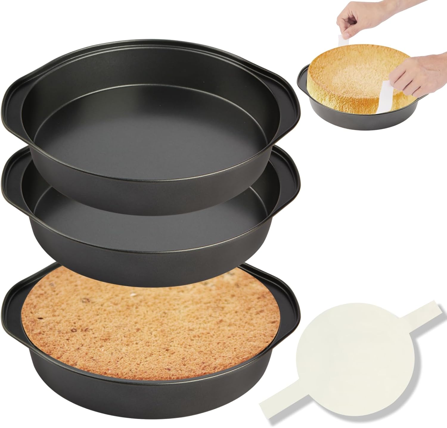 6 Inch Cake Pan - 3PCS Nonstick Round Cake Pans with 100 PCS Parchment Paper, Carbon Steel Smash Cake Baking Pans with Handle, Dishwasher Safe - Thumbnail 3