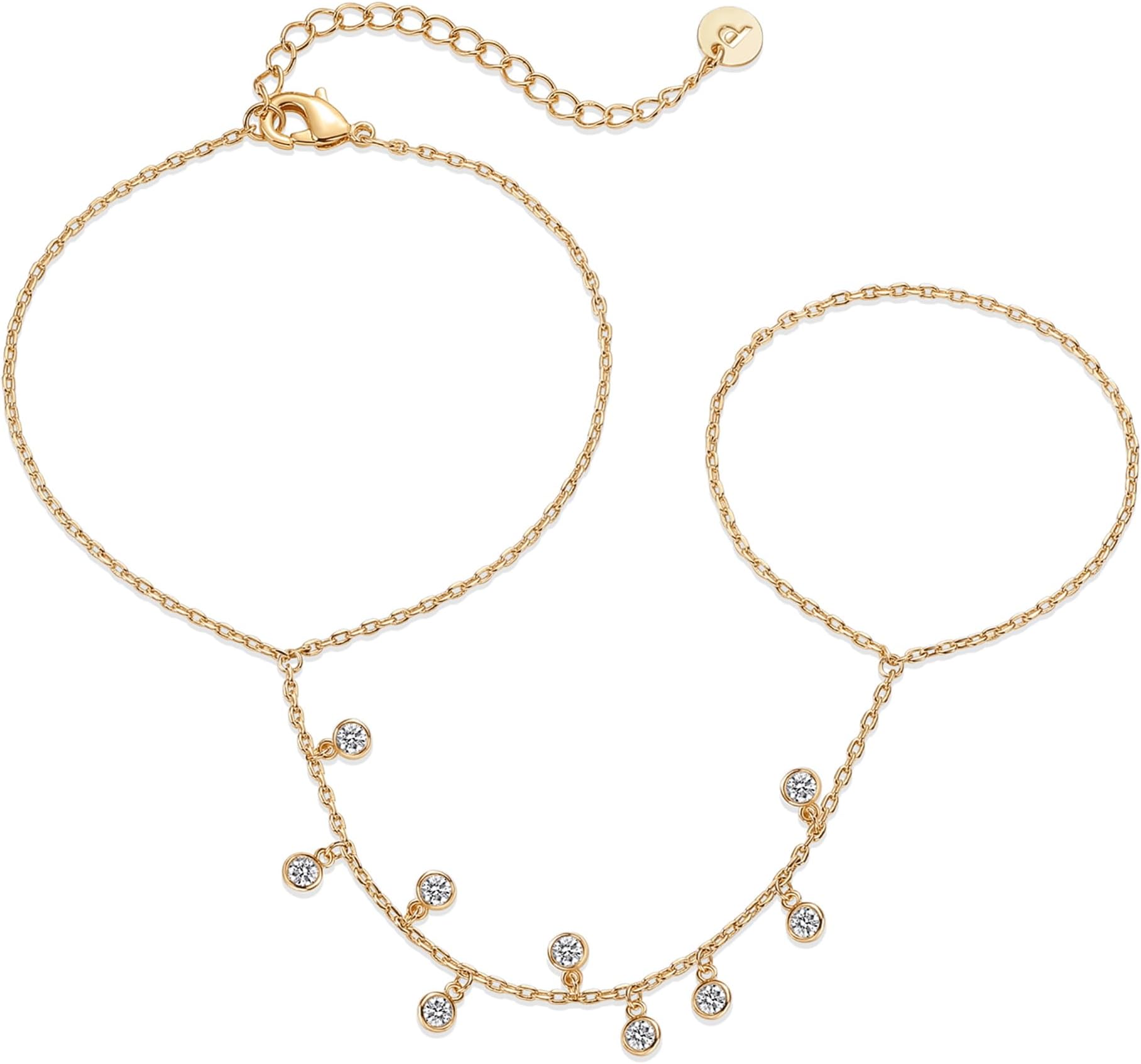 14K Yellow Gold Plated Hand Chains Bracelet for Women | Dainty Cubic Zirconia Bracelet and Ring Chain Body Jewelry